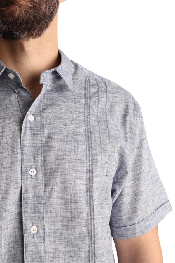 Camisa Tipo Guayabera Azul Marino Manga Corta Look Lino Para Caballero